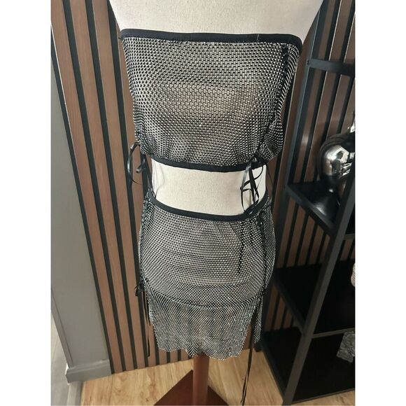 Hollow Out Mesh Suit-dress Crystal Fishnet Rhinestone Party Dress Crystal Club W - Picture 1 of 9